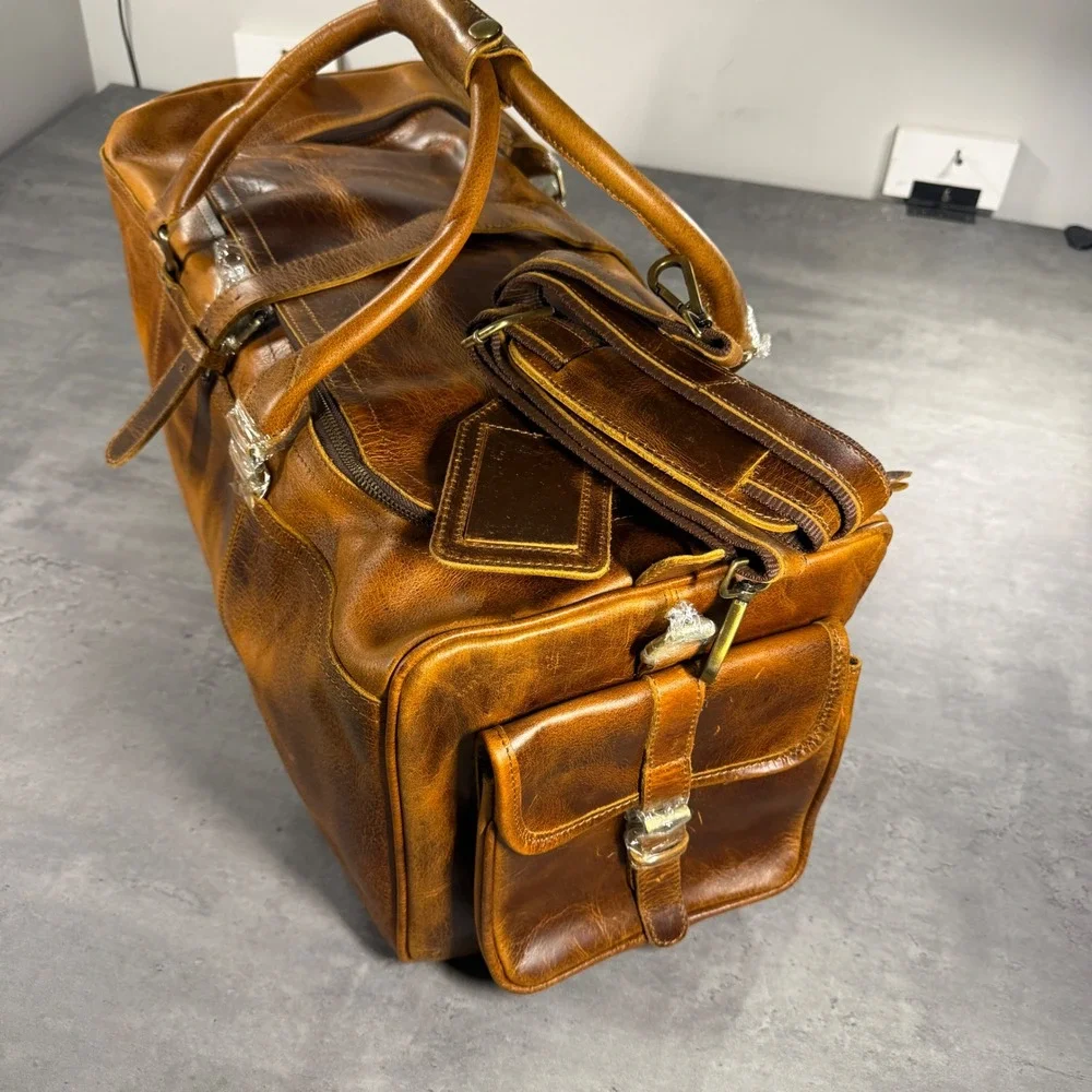 Denver Leather Craft Duffle Bag Large Brown Distressed Travel Weekend Luggage